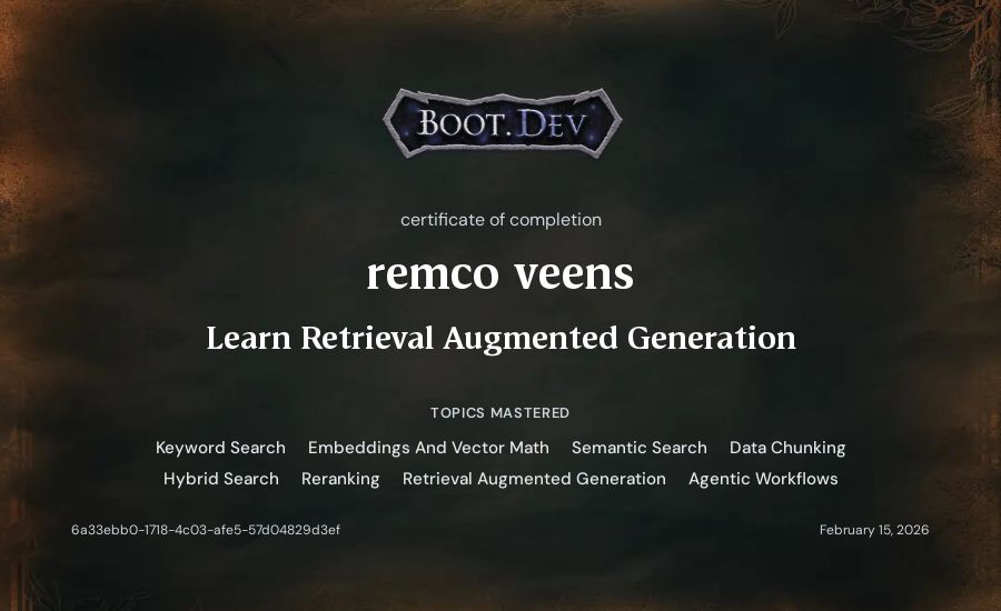 remco veens's Boot.dev Learn Retrieval Augmented Generation certificate