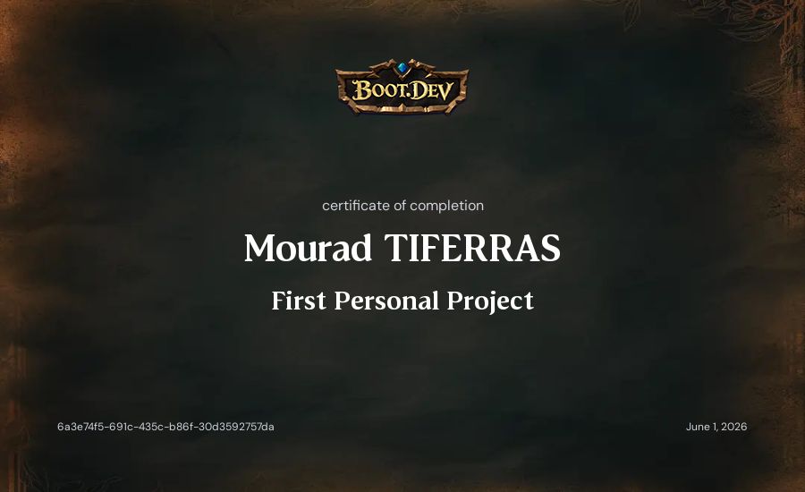 Mourad TIFERRAS's Boot.dev First Personal Project certificate