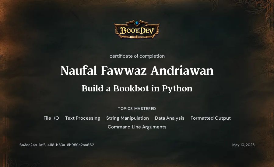 Naufal Fawwaz Andriawan's Boot.dev Build a BookBot in Python certificate