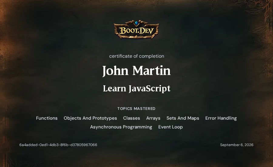 John Martin's Boot.dev Learn JavaScript certificate