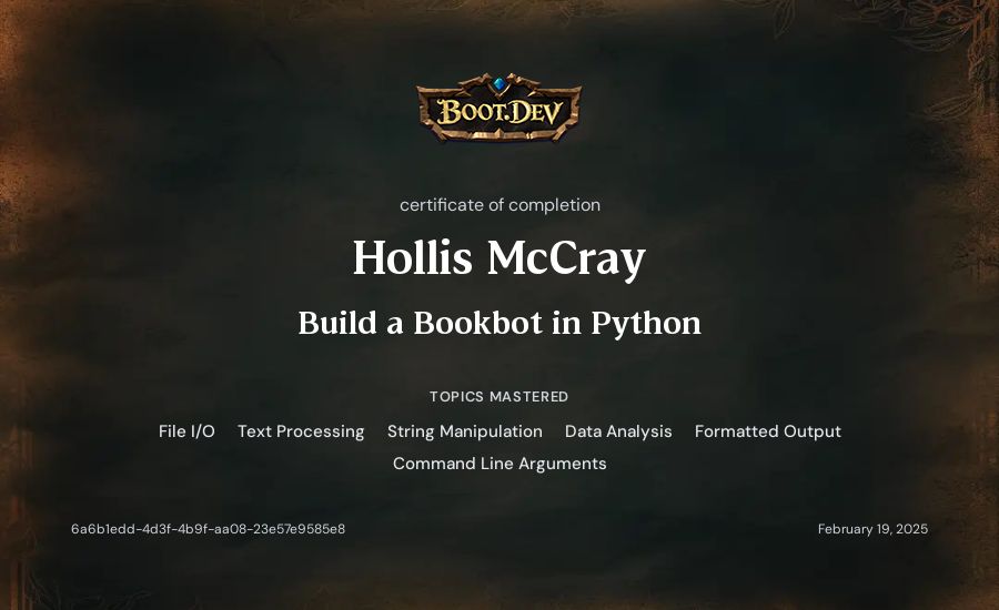 Hollis McCray's Boot.dev Build a BookBot in Python certificate