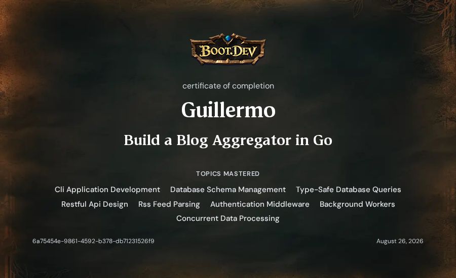 Guillermo's Boot.dev Build a Blog Aggregator in Go certificate