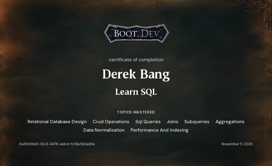 Derek Bang's Boot.dev Learn SQL certificate