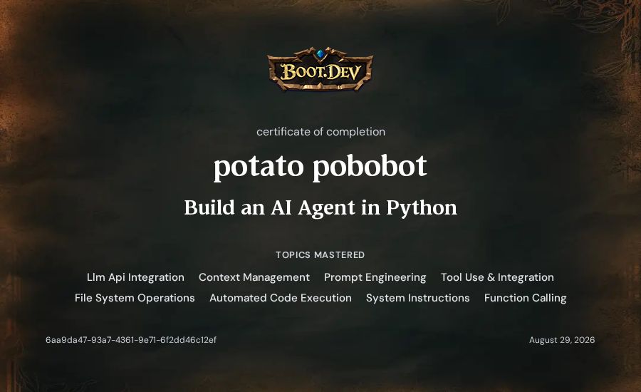 potato pobobot's Boot.dev Build an AI Agent in Python certificate