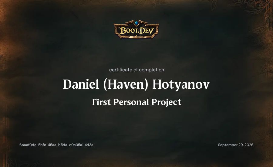 Daniel (Haven) Hotyanov's Boot.dev First Personal Project certificate