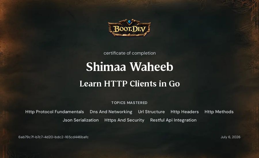 Shimaa Waheeb's Boot.dev Learn HTTP Clients in Go certificate