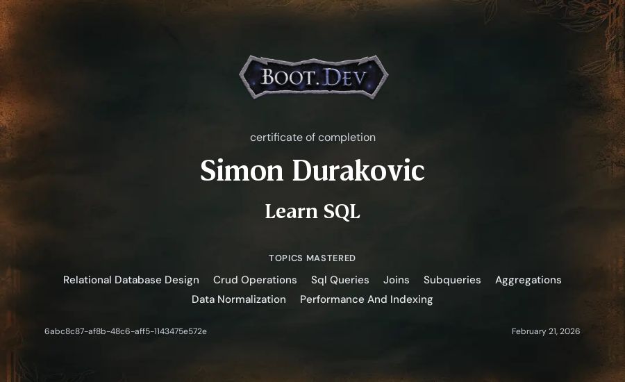 Simon's Boot.dev Learn SQL certificate