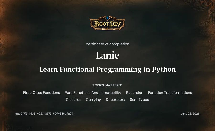 Lanie's Boot.dev Learn Functional Programming in Python certificate