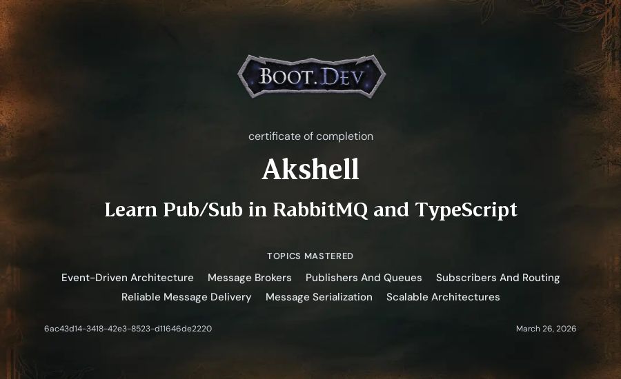 Akshell's Boot.dev Learn Pub/Sub in RabbitMQ and TypeScript certificate