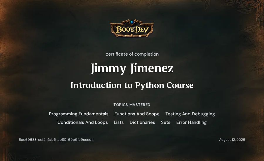 Jimmy Jimenez's Boot.dev Introduction to Python Course certificate