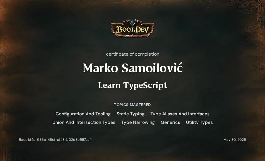 Marko Samoilović's Boot.dev Learn TypeScript certificate