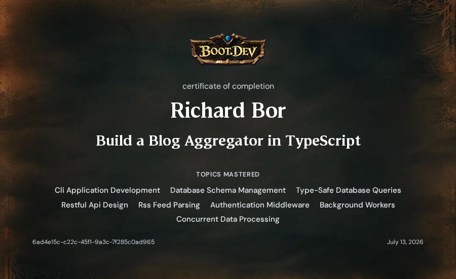 Richard Bor's Boot.dev Build a Blog Aggregator in TypeScript certificate