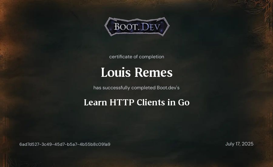Louis Remes's Boot.dev Learn HTTP Clients in Go certificate