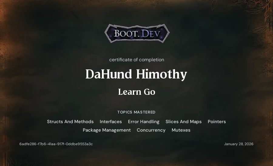DaHund Himothy's Boot.dev Learn Go certificate