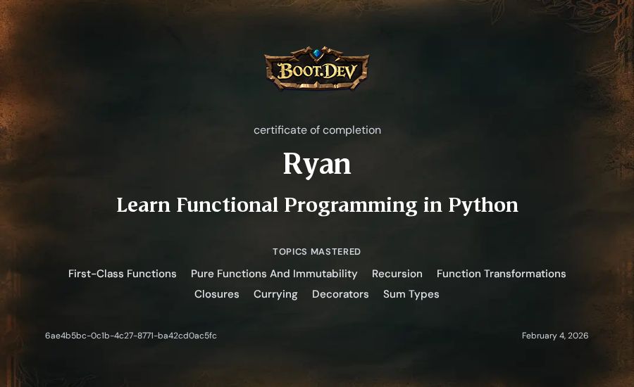 Ryan's Boot.dev Learn Functional Programming in Python certificate