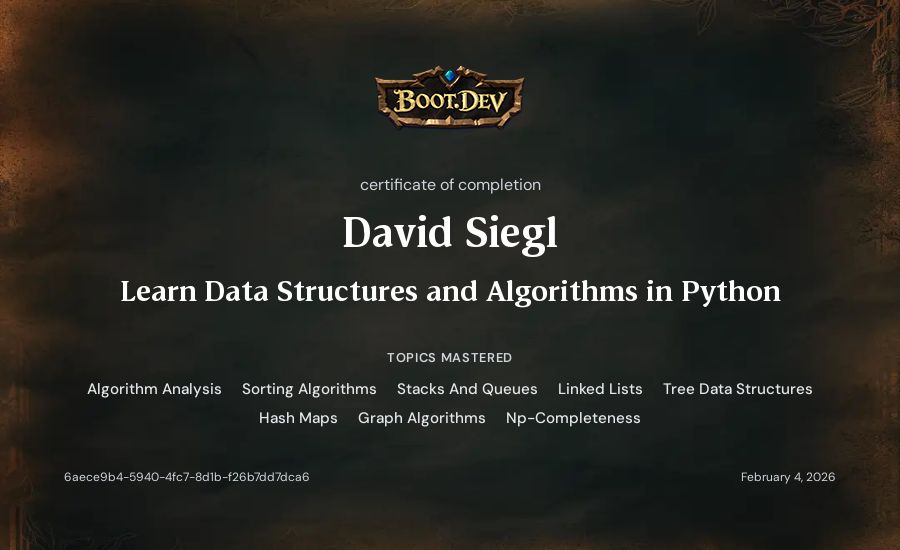 David Siegl's Boot.dev Learn Data Structures and Algorithms in Python certificate