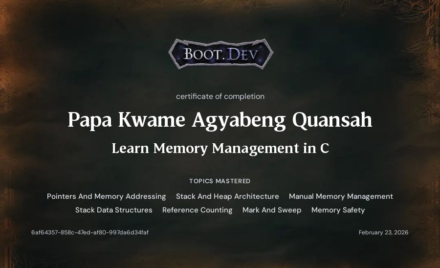 Papa Kwame Agyabeng Quansah's Boot.dev Learn Memory Management in C certificate