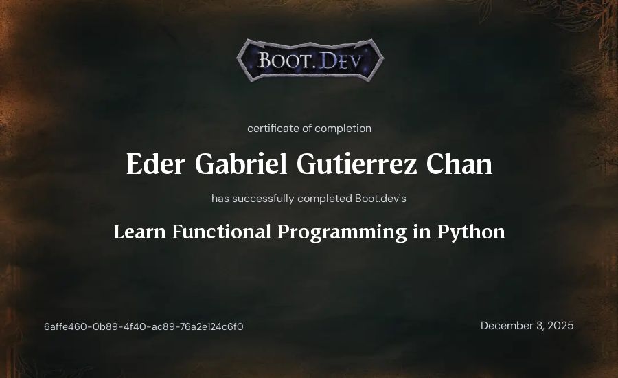 Eder Gabriel Gutierrez Chan's Boot.dev Learn Functional Programming in Python certificate