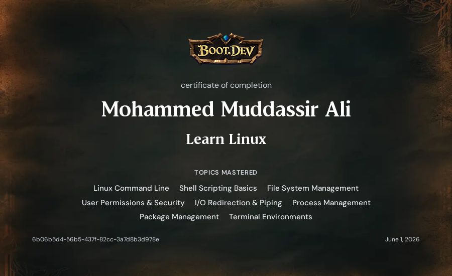 Mohammed Muddassir Ali's Boot.dev Learn Linux certificate