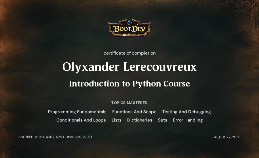 Olyxander Lerecouvreux's Boot.dev Introduction to Python Course certificate