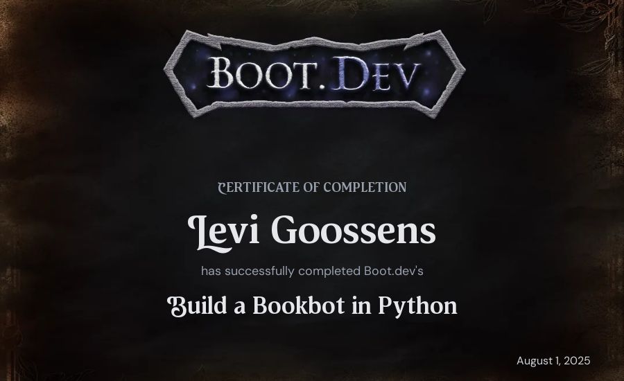 Levi Goossens's Boot.dev Build a BookBot in Python certificate