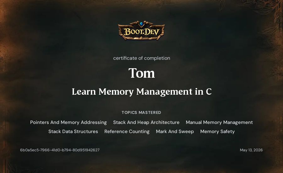 Tom's Boot.dev Learn Memory Management in C certificate
