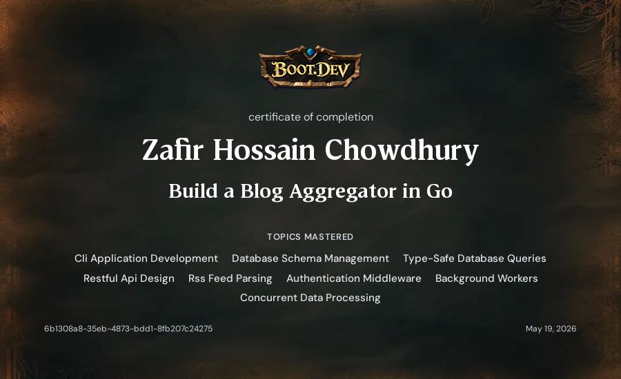 Zafir Hossain Chowdhury's Boot.dev Build a Blog Aggregator in Go certificate