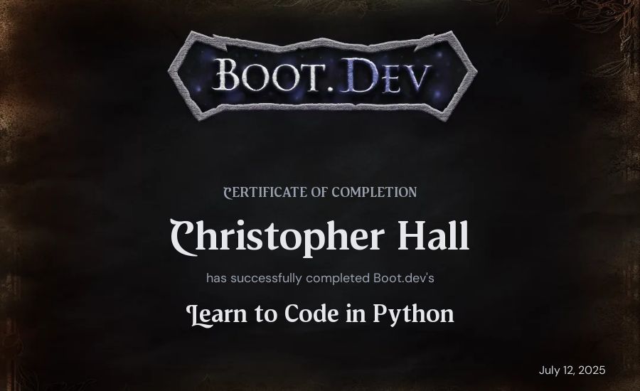 Christopher Hall's Boot.dev Introduction to Python Course certificate