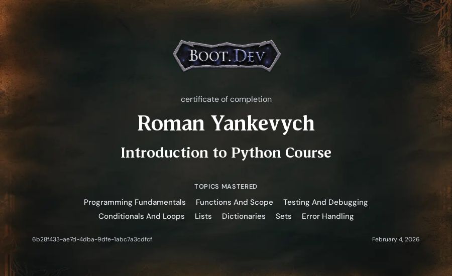 Roman Yankevych's Boot.dev Introduction to Python Course certificate