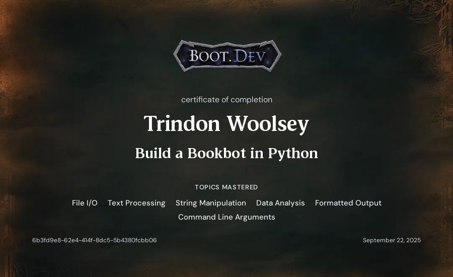 Trindon Woolsey's Boot.dev Build a BookBot in Python certificate