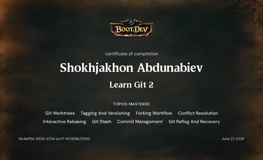 Shokhjakhon Abdunabiev's Boot.dev Learn Git 2 certificate