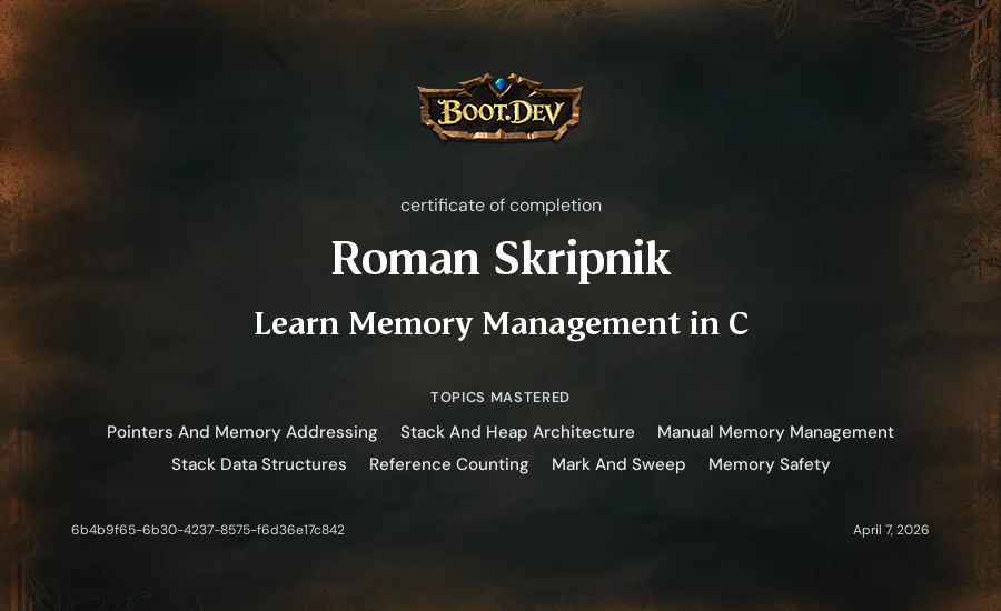 Roman Skripnik's Boot.dev Learn Memory Management in C certificate