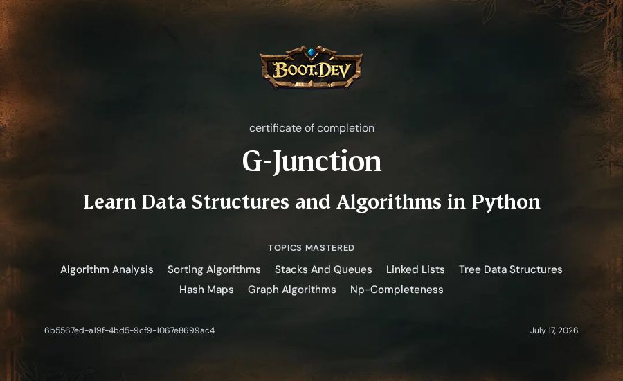 G-Junction's Boot.dev Learn Data Structures and Algorithms in Python certificate