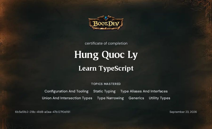 Hung Quoc Ly's Boot.dev Learn TypeScript certificate