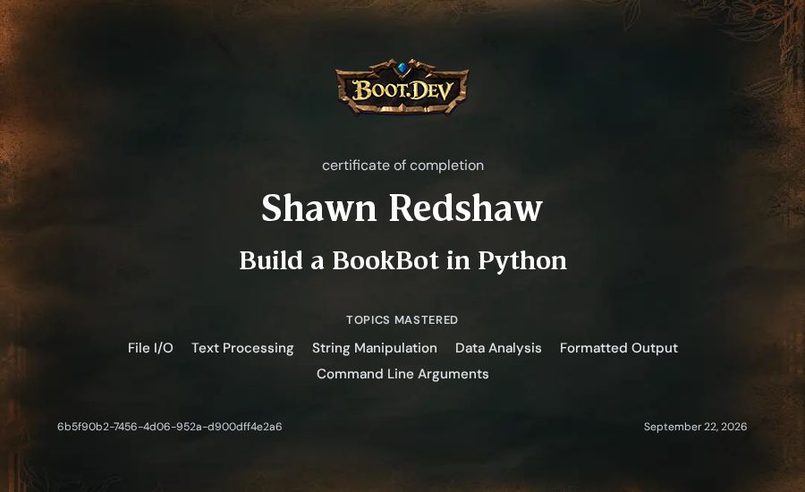 Shawn Redshaw's Boot.dev Build a BookBot in Python certificate