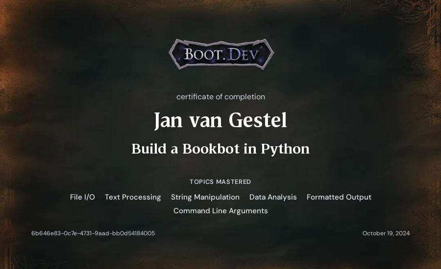 Jan van Gestel's Boot.dev Build a BookBot in Python certificate