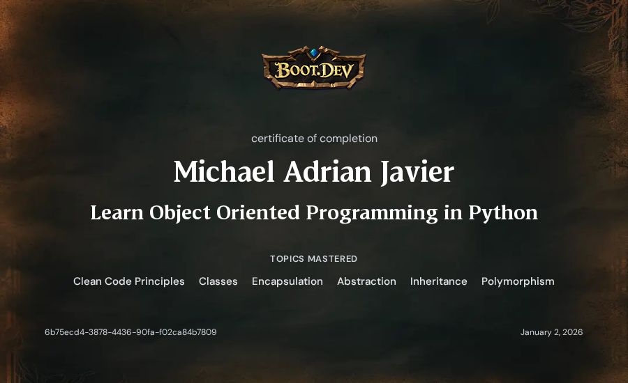 Michael Adrian Javier's Boot.dev Learn Object Oriented Programming in Python certificate