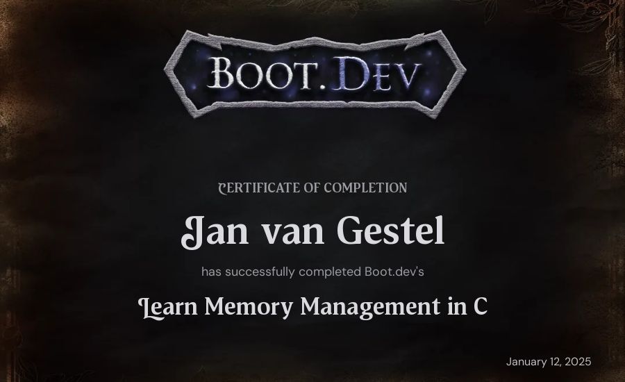 Jan van Gestel's Boot.dev Learn Memory Management in C certificate
