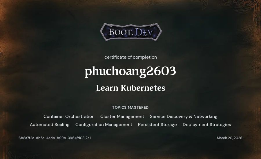 phuchoang2603's Boot.dev Learn Kubernetes certificate