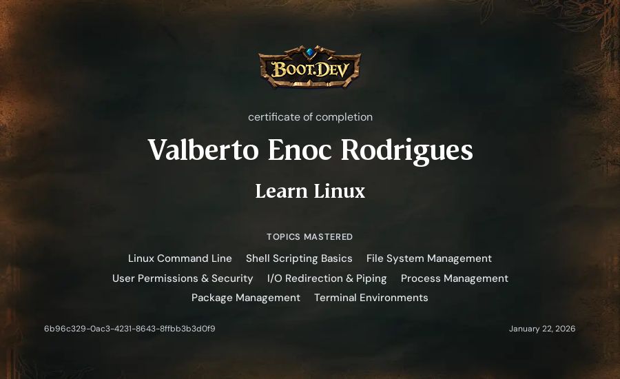 Valberto Enoc Rodrigues's Boot.dev Learn Linux certificate