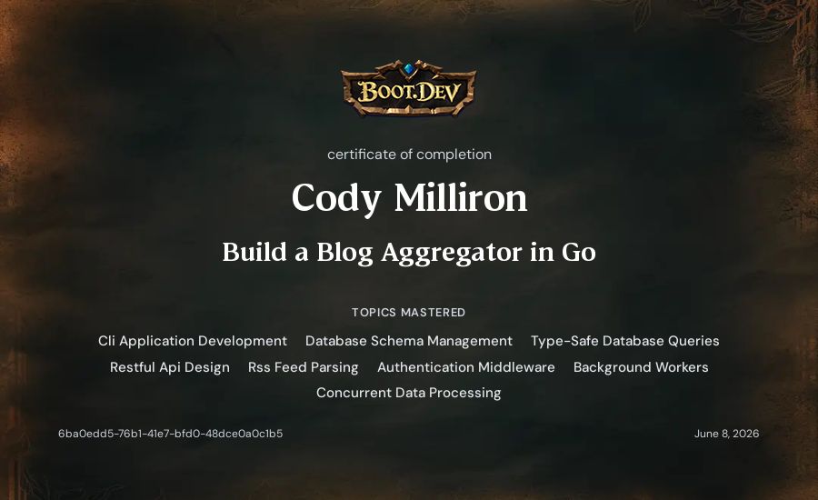 Cody Milliron's Boot.dev Build a Blog Aggregator in Go certificate