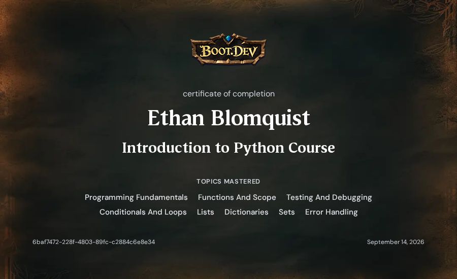 Ethan Blomquist's Boot.dev Introduction to Python Course certificate
