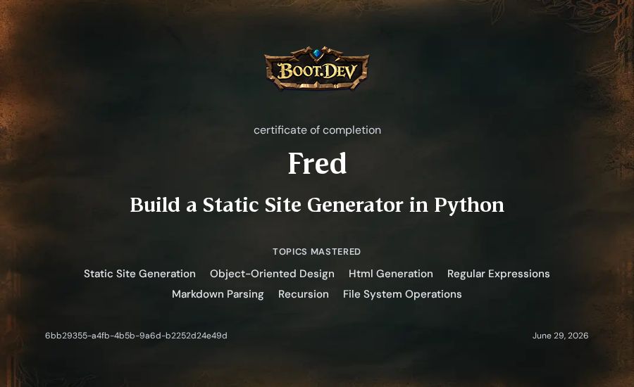 Fred's Boot.dev Build a Static Site Generator in Python certificate