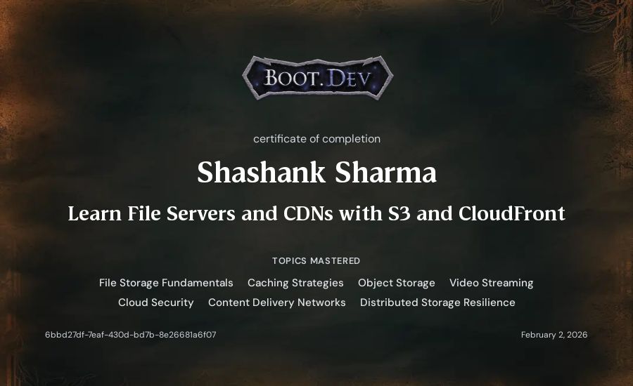 Shashank Sharma's Boot.dev Learn File Servers and CDNs with S3 and CloudFront certificate