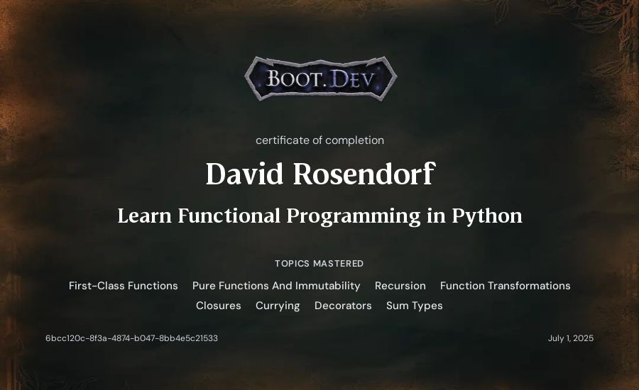 Dorf's Boot.dev Learn Functional Programming in Python certificate