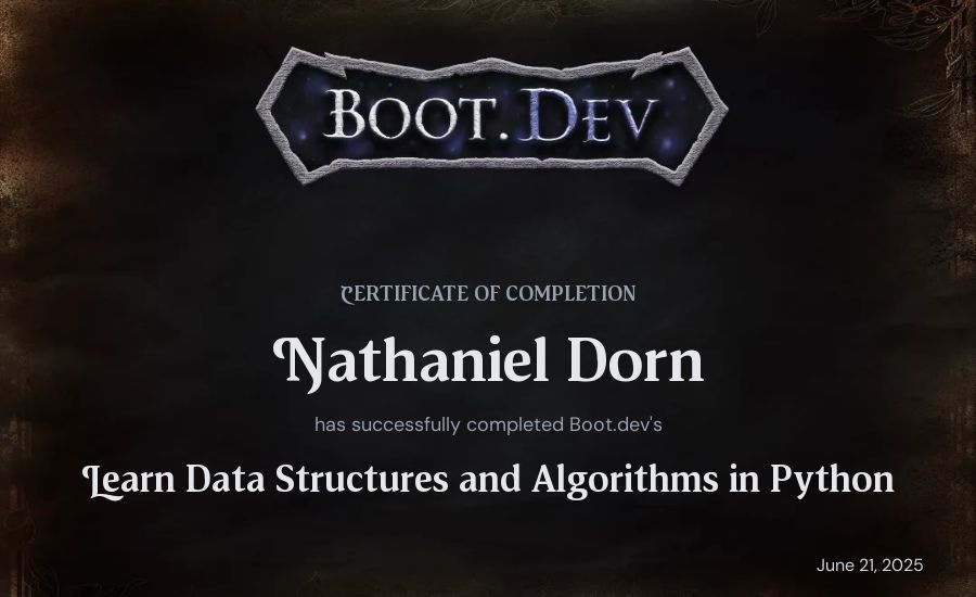 Nathaniel Dorn's Boot.dev Learn Data Structures and Algorithms in Python certificate