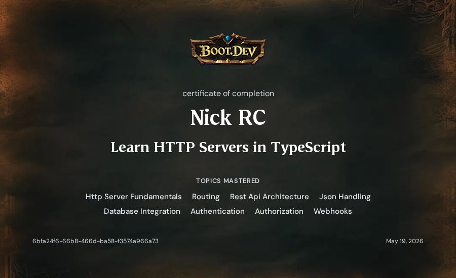 Nick RC's Boot.dev Learn HTTP Servers in TypeScript certificate