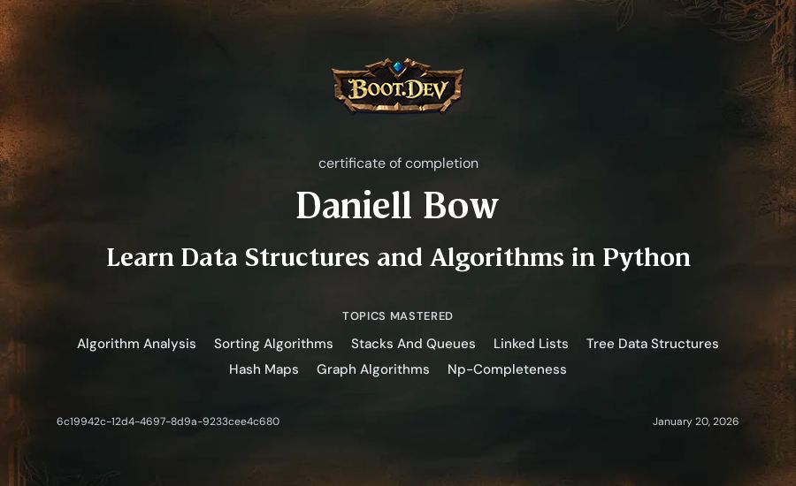 Daniell Bow's Boot.dev Learn Data Structures and Algorithms in Python certificate