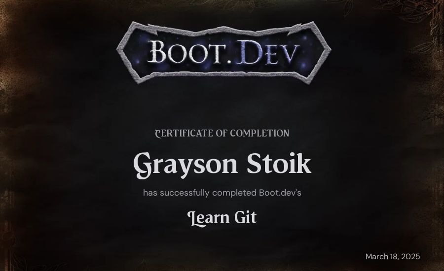 Grayson Stoik's Boot.dev Learn Git certificate