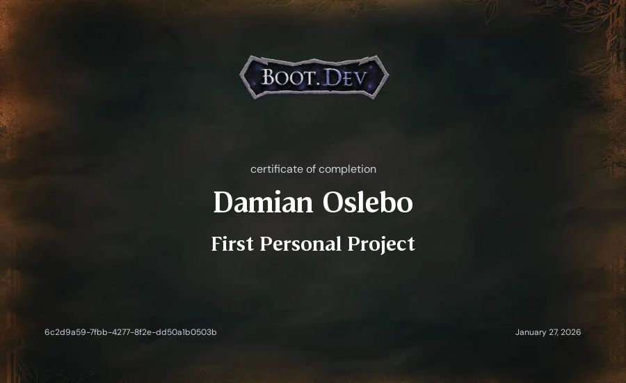 Damian Oslebo's Boot.dev First Personal Project certificate